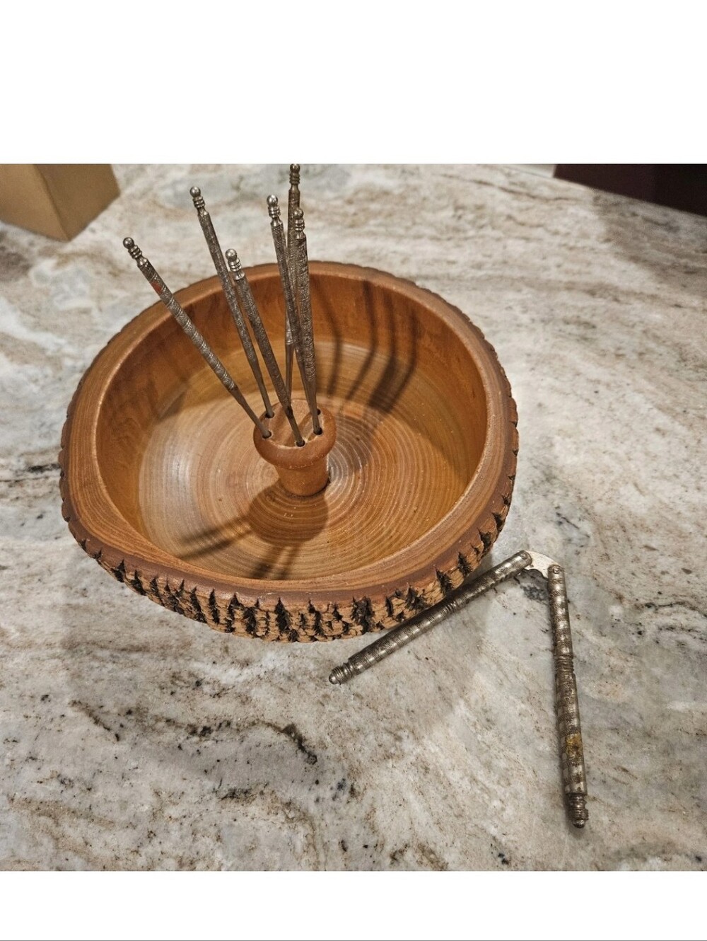 MCM Mid-century Walnut Wooden Bowl Nutcracker Set With Picks And Cracker Tools